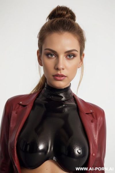 Red leather blazer, turtleneck latex shirt, white background, makeup, direct eye contact with viewer. - ai-porn.ai on pornintellect.com