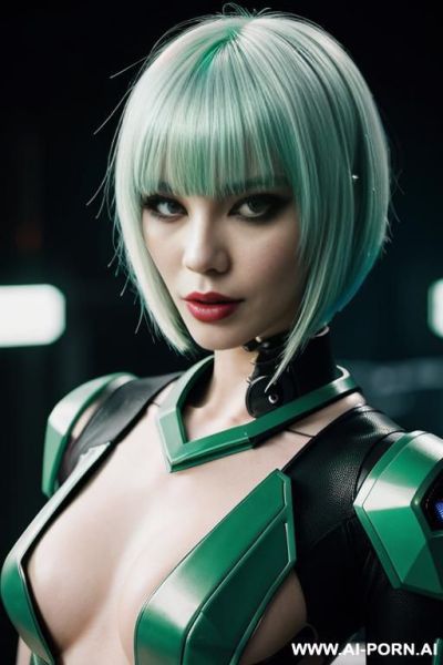 Cyberpunk android, green vinyl, futuristic city, - ai-porn.ai on pornintellect.com
