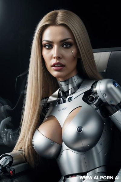 Damaged robot, front view, close-up, sitting in armchair in spaceship, looking at viewer, beautiful angry human face with tanned silicone skin, long straight blonde hair, big lips, wide jaw, heavy - ai-porn.ai on pornintellect.com
