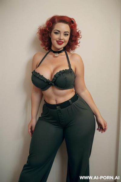 ((topless)), ((natural plump breasts), (pretty face), (wide hips), (soft seductive smile), (baggy pants), (choker) - ai-porn.ai on pornintellect.com