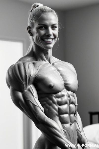 ((nude white smiling very muscular short fitness model with rockhard pecs)), (extreme sculpted abs), ((very muscular pecs)), ((very muscular fbb delts)), ((very muscular fbb traps)), ((nude flawless - ai-porn.ai - Norway on pornintellect.com