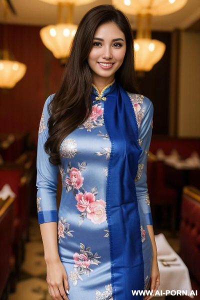 (blue floral patterned crew neck dupatta ), (((standing in a fancy restaurant ))), ((brunette tanned singapore chinese )), (lean), (pretty face), (detailed face), (perfect), (natural lighting), ((highly detailed photo)), actress topanga - ai-porn.ai - China on pornintellect.com