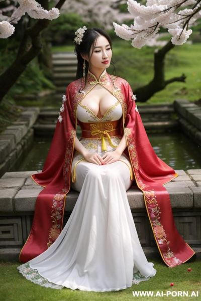 Chinese qeen, lace pleated dress, chinese clothes, traditional clothes, chinese wedding, old china outfit, short dress, very huge breasts - ai-porn.ai - China on pornintellect.com