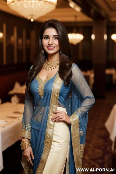 (blue crew neck fancy highly detailed dupatta ), (((standing in a fancy restaurant ))), ((brunette tanned pakistani texan )), (lean), (pretty face), (detailed face), (perfect), (natural lighting), ((highly detailed photo)), actress topanga - ai-porn.ai - Pakistan on pornintellect.com