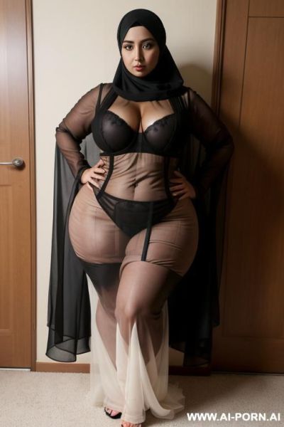 (((pluz size model))) ,curvy arabic ((( thicc))), ((((wide huge hips)))), large gigantic massive oversized breasts, black hijjab that covers her body, happy horny seductive expression, sleepy eyes, full body view - ai-porn.ai on pornintellect.com