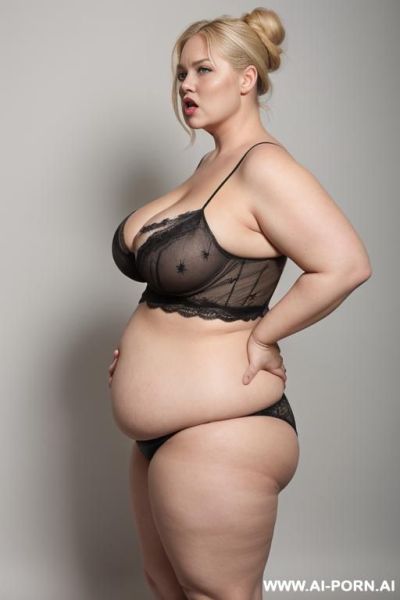 Black short, huge droppy saggy boobs with large pointing down nipples, ultra obese woman with fat arms, wide hips, hands behind head, 0 years old woman, side view, no bra - ai-porn.ai on pornintellect.com
