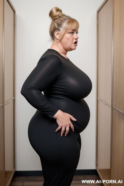 Black jogger pants, huge droppy saggy boobs with large pointing down nipples, ultra obese woman with fat arms, wide hips, hands behind head, side view,, naked boobs, - ai-porn.ai on pornintellect.com