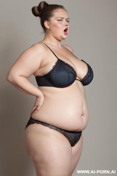 Black short, huge droppy saggy boobs with large pointing down nipples, ultra obese woman with fat arms, wide hips, hands behind head, 0 years old woman, side view, no bra, naked boobs - ai-porn.ai on pornintellect.com