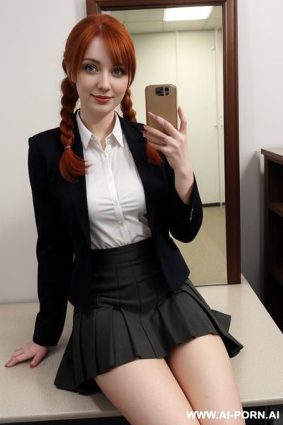 Ginger twin tails, short skirt. large natural breasts. s. tight shirt unbuttoned. down blouse. tounge out - ai-porn.ai on pornintellect.com