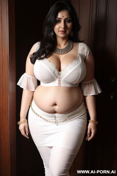 Deep cleavage, indian cotton blouse, slitted low waist peticoat, full view, showing deep navel, - ai-porn.ai - India on pornintellect.com