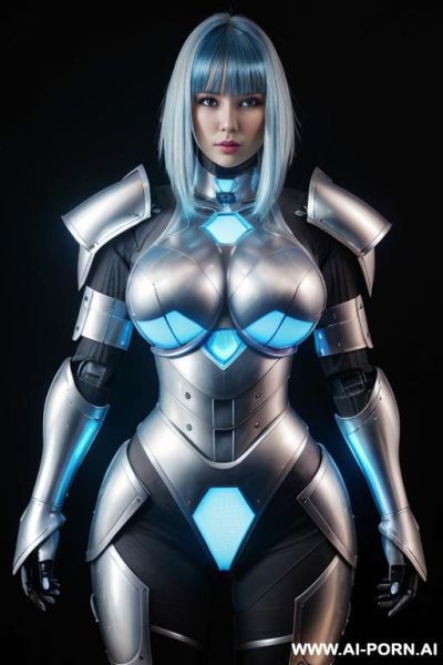 (silver robotic armor with blue light bands highlighting her breast and thighs), (shoulder length hair), (facing the viewer), - ai-porn.ai on pornintellect.com