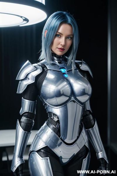 (silver robotic armor with blue light bands highlighting her breast), (shoulder length hair), (facing the viewer), - ai-porn.ai on pornintellect.com
