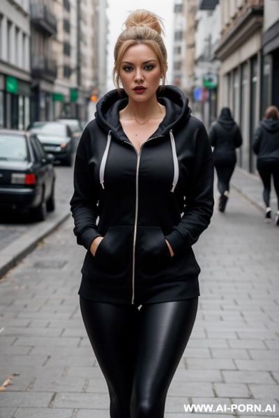 Short lady wearing leggings, hoodie. big boobs. walking on street. ultra realistic. open hoodie showing cleavage perky boobs. - ai-porn.ai on pornintellect.com