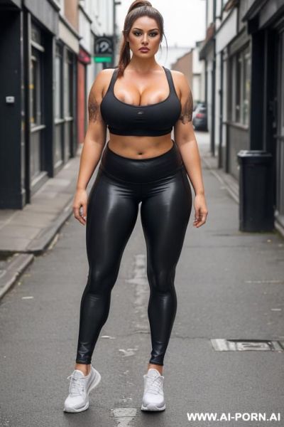 Irish traveller woman,, leggings, top , showing lots of cleavage. fat body. fake tan and heavy makeup. walking down street. pussy shape showing through leggings. - ai-porn.ai - Ireland on pornintellect.com