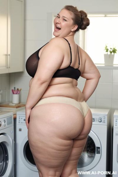 Huge droppy saggy tits with large pointing down nipples, ultra obese woman with fat arms, wide hips, round ass, hands behind head, side view,, - ai-porn.ai on pornintellect.com
