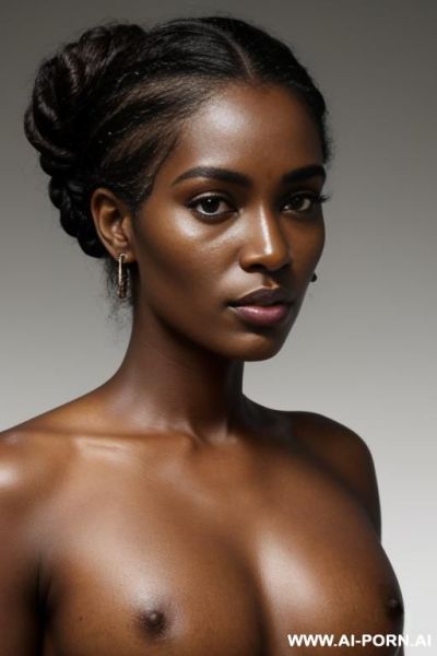 Woman, dark brown skin, large dark brown eyes with dark circles, thick eyebrows, wide african nose, full dry lips, scar on left eyebrow, curly hair tied in loose bun with loose strands, tired - ai-porn.ai on pornintellect.com