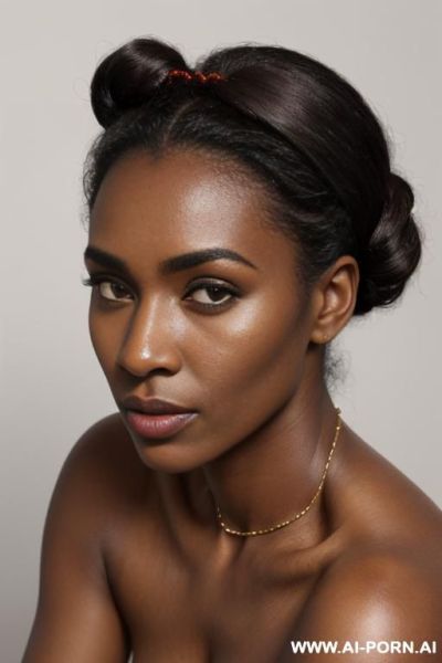 *woman, 2, m dark brown skin, large dark brown eyes with dark circles, thick eyebrows, wide african nose, full dry lips, scar on left eyebrow, curly hair tied in loose bun with loose - ai-porn.ai on pornintellect.com