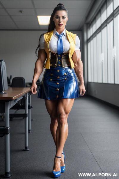 Woman uniform yellow shirt with short sleeves blue latex vest with golden buttons sandcolour skirt with two horizontal stripes striped tie and heels, she is also a goth, goth makeup, tie around her neck, formal uniform, blue latex west with golden buttons - ai-porn.ai on pornintellect.com