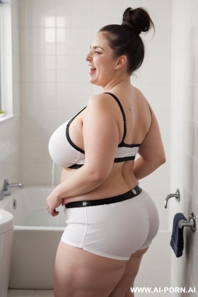 Huge droppy saggy tits with large pointing down nipples, ultra obese woman with fat arms, wide hips, round ass, hands behind head, side view,, - ai-porn.ai on pornintellect.com