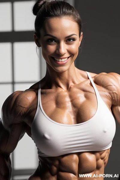 ((nude smiling very muscular short fbb woman with rockhard pecs)), ((extreme sculpted abs)), ((very muscular pecs)), ((very muscular bodybuilder delts)), ((very muscular bodybuilder traps)), (very muscular - ai-porn.ai on pornintellect.com