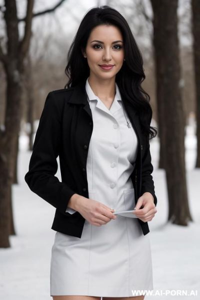 Beautiful, realistic, hungarian, milf, slight cheekbones, wavy hair, dark brown hair, white skin, perfect natural boobs, athletic body, slight smile, makeup, eye shw, standing, spreading legs, skin tight black dress, snow background. - ai-porn.ai - Hungary on pornintellect.com