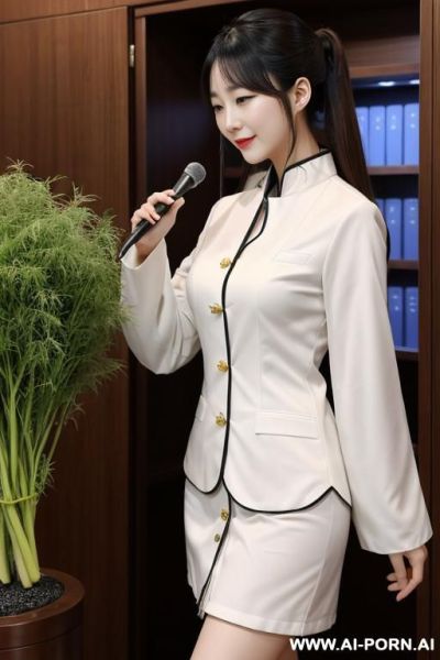 双马尾少女坐在课桌前，校服短裙掀起，露出白色过膝丝袜，大腿根部隐约可见粉色内裤边缘 - ai-porn.ai on pornintellect.com