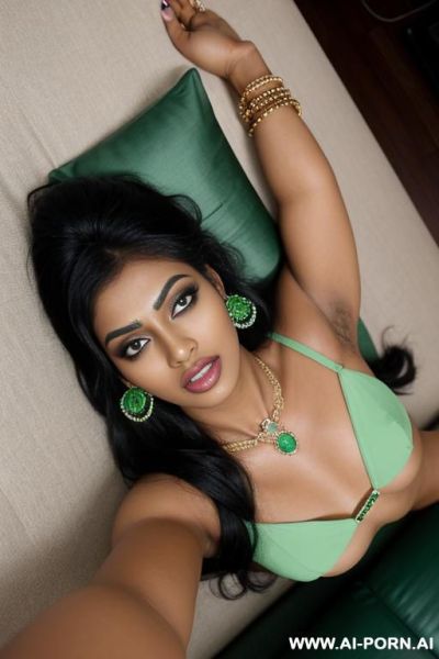 Beautiful indian female, round face, dark skin, 1, long black hair, black eyes, opened eyes, makeup, green gem ear rings, green gem wristbands, green gem ankle bracelets, green gem necklace, - ai-porn.ai - India on pornintellect.com