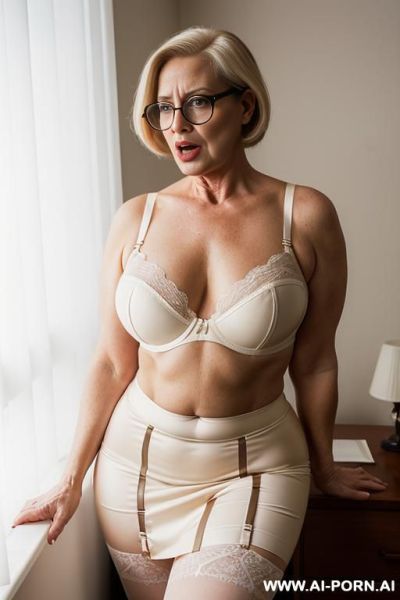 Latex lingerie, brightly lit room, side view, slightly chubby stomach, looking at viewer - ai-porn.ai on pornintellect.com