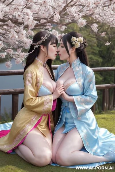 Chinese princess, lace pleated skirts, chinese clothes, traditional clothes, chinese old version, old china outfit, short skirts, light blue through clothes, , hiding face, see through coat, hugging and kissing each other, women on top, lay on bed - ai-porn.ai - China on pornintellect.com