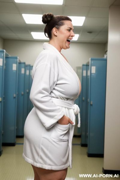 Extremely saggy tits with huge pointing down nipples, fat arms, huge round ass, wide hips, wet skin, (wide opening her white bathrobe), show boobs, totaly wet, bbw face, no panties, side view, removing her bathrobe, cum on boobs - ai-porn.ai on pornintellect.com