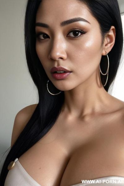 Tight shirt, cleavage, extremely pretty, very full lips, button nose, hoop earrings, busty round boobs, hourglass figure, tight waist - ai-porn.ai on pornintellect.com