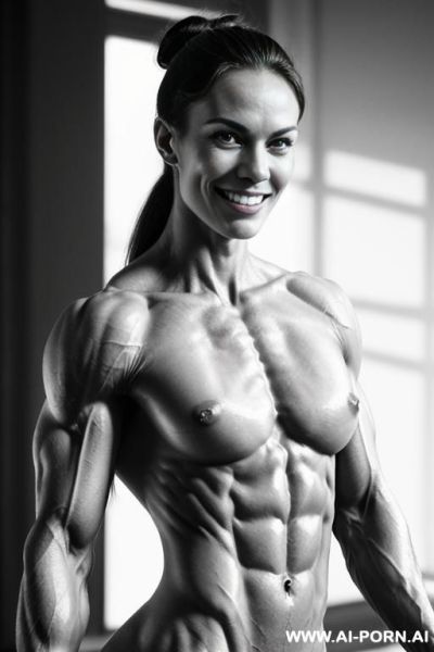 ((nude smiling very muscular short fbb woman with rockhard pecs)), (((nude))), ((naked)), (((very white skin with muscle veins))), ((extreme sculpted abs)), ((nude very muscular pecs)), ((very shredded - ai-porn.ai on pornintellect.com