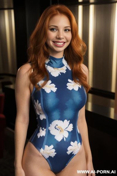 (((actress topanga))), ((blue floral patterned crew neck sleeveless swimsuit bodysuit)), (christmas), (big full lips), ((smiling at the camera)), photorealistic, texan, (ultra detailed photo), (hyper - ai-porn.ai on pornintellect.com
