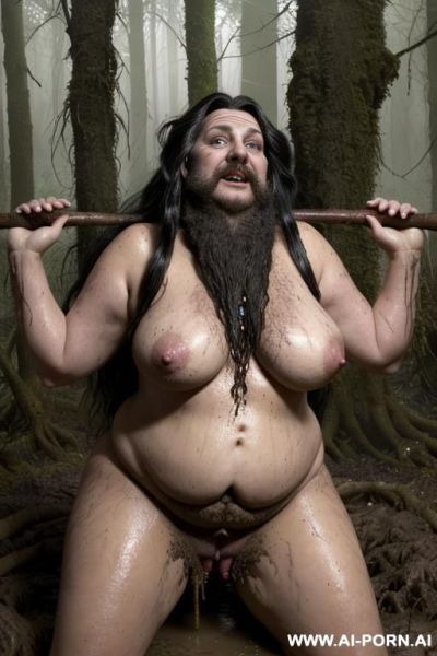 Fat naked very hairy old granny goth troll witch forest fairy gnome very hairy armpits masturbate in mud dark forest swamp, giant hanging floppy old veiny breasts, very hairy armpits, wrestling with fat hairy men in mud dirt touching vagina - ai-porn.ai on pornintellect.com