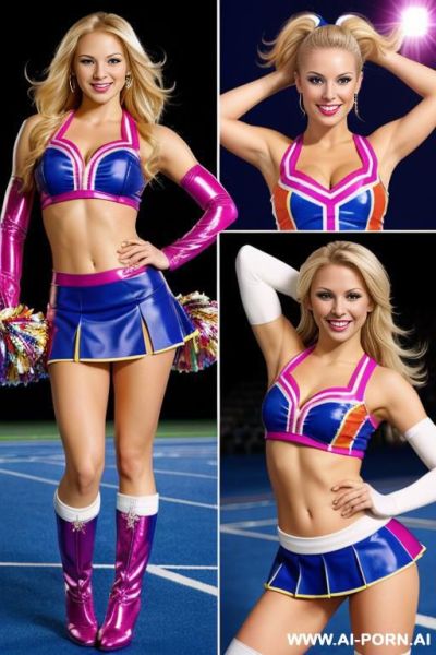Create a collage of a blonde cheerleader in different cheer leading outfits all shiny with boots start with multicolored outfit images on the collage - ai-porn.ai on pornintellect.com