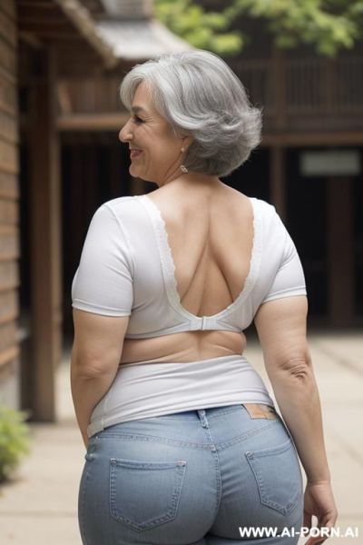 Back view, 0-year-old grandmother, voluptuous body, standing, very visible bra, perky breast, gray hair, lady, smiling, narrow hips, thick thighs, wearing a white short sleeves shirt, blue jeans, outside - ai-porn.ai on pornintellect.com