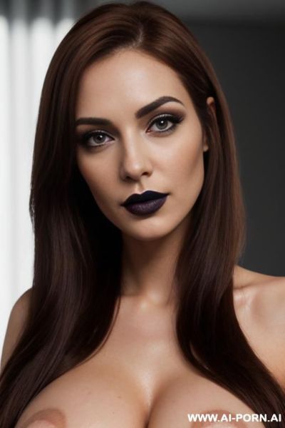 Happy face, perfect perky natural boobs, beautiful, long straight very long hair, big lips, wide jaw, smoky eyes makeup, black lipstick, cinematic lighting, photorealistic, high res, best quality, - ai-porn.ai on pornintellect.com