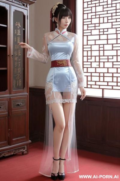 Chinese princess, lace pleated skirts, chinese clothes, traditional clothes, chinese old version, old china outfit, short skirts, light blue through clothes - ai-porn.ai - China on pornintellect.com