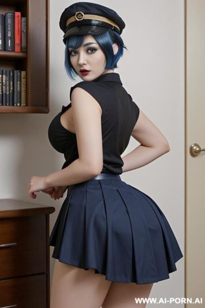 (huge massive gigantic boobs) with (massive ass), (goth uniform) with (skirt) and (peaked cap), (pretty), (japanese), (standing up), (full body), (realistic), (20 years old), (pixie) with (blue hair) and (short hair), (dormroom), (full view) - ai-porn.ai - Japan on pornintellect.com