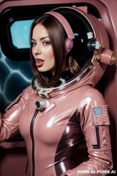 A sexy brown hair astronaut, ín a dark pink space suite, ín gy pose. her body is oily, and her tounge is out - ai-porn.ai on pornintellect.com