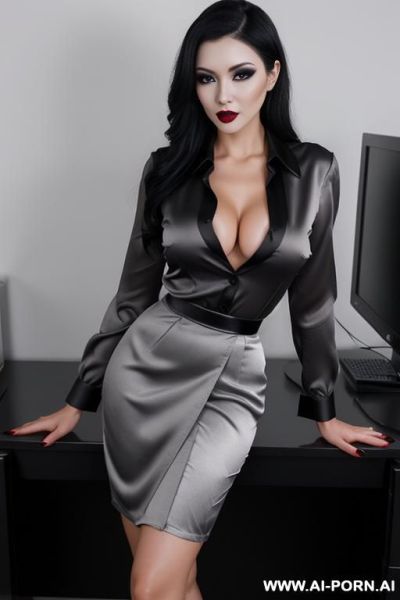Very nice secretary woman, grey satin blouse, high heels, smoky eyes makeup, black lipstick, very pretty face, long black hair, skin, sperm in pussy, vaginsl sex - ai-porn.ai on pornintellect.com