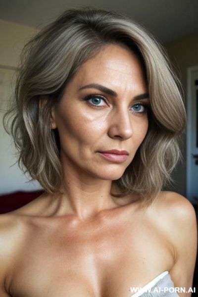 Old woman, round shape face, wrinkled skin, high cheekbones, saggy cheeks, narrow nose, mouth, tired eyes, brown eyes, wavy grey hair, short hair, disgusted expression, eye contact. profile, portait - ai-porn.ai on pornintellect.com