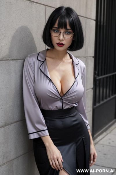 Skin, caucasian, mature teacher, bob hairstyle, pencil skirt, blouse showing some cleavage, glasses - ai-porn.ai on pornintellect.com