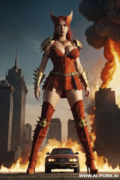 Goddess of fire, red dress, red hair, massive boobs, ruby necklace, ruby earrings, gold bracelets, (((gold shoulder armor))), (((fiery wings))), fire temple - ai-porn.ai on pornintellect.com