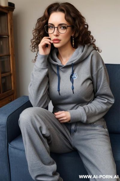 Masterpiece), best quality, tired eyes, realistic face, curly hair, rich brown hair, round glasses, baggy grey hoodie, blue baggy jeans, casual, bosnian german race mix, round long face shape, narrow lips, 1, sitting on a blue couch, boobs - ai-porn.ai - Germany on pornintellect.com