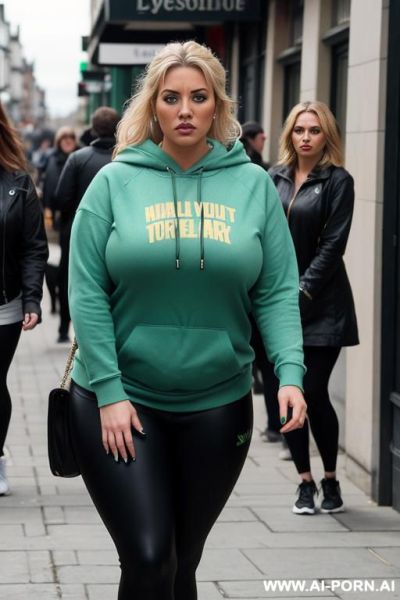 Irish woman, leggings, hoodie. fat body. fake tan and heavy makeup. walking down street with friend. - ai-porn.ai - Ireland on pornintellect.com