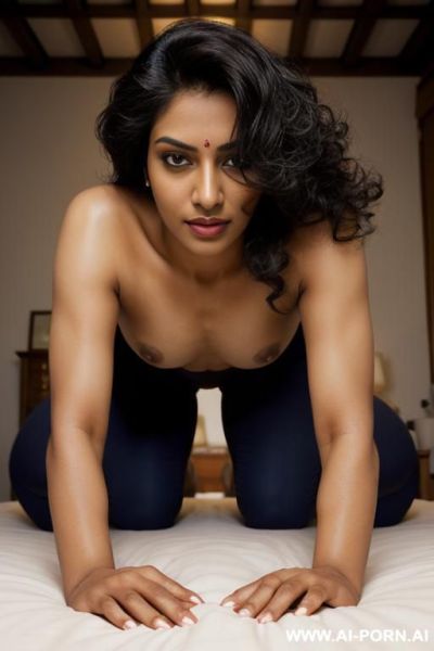 ((indian)), ((perfect nipples)), ((perky tits)), ((sexy poses)), on all fours knees under hips shoulder-width hands ford wrists down fingers curled gripping sheet lightly; back dipped low spine concave - ai-porn.ai - India on pornintellect.com