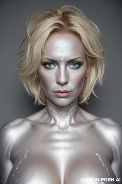 Silver bodypaint, direct eye contact with viewer, white background. - ai-porn.ai on pornintellect.com