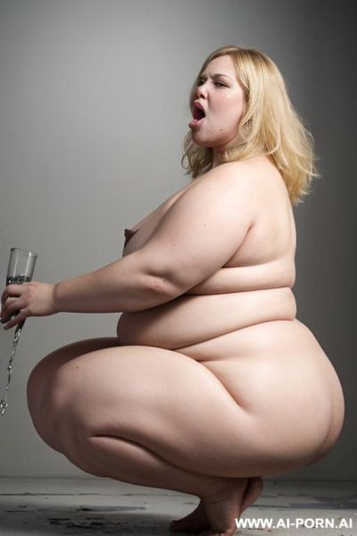 Very saggy boobs, wide open mouth with stucking out tongue, (receiving water jet from above on her face), side view, fat arms, fat belly, huge ass - ai-porn.ai on pornintellect.com