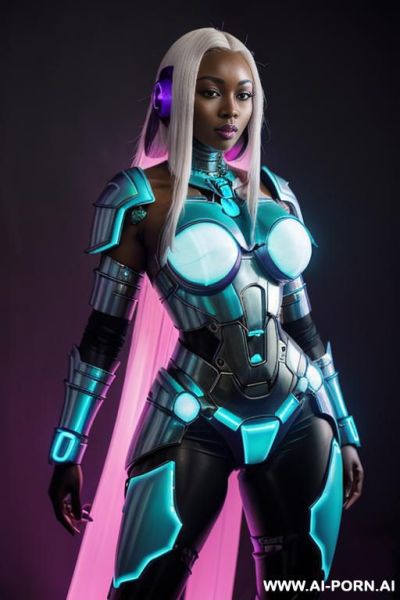 (turquoise robotic armor with purple light bands highlighting her breast and thighs), (shoulder length hair), (facing the viewer), - ai-porn.ai on pornintellect.com